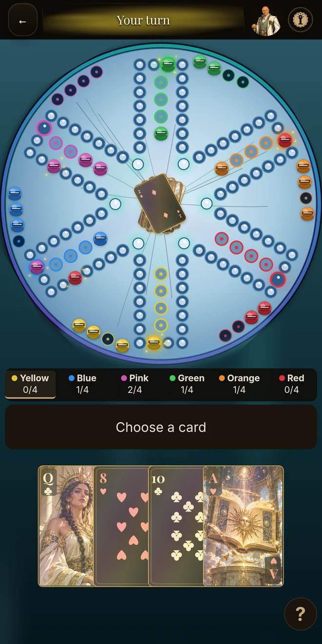 Actual Marblossi gameplay: a six-seat board and a hand of cards